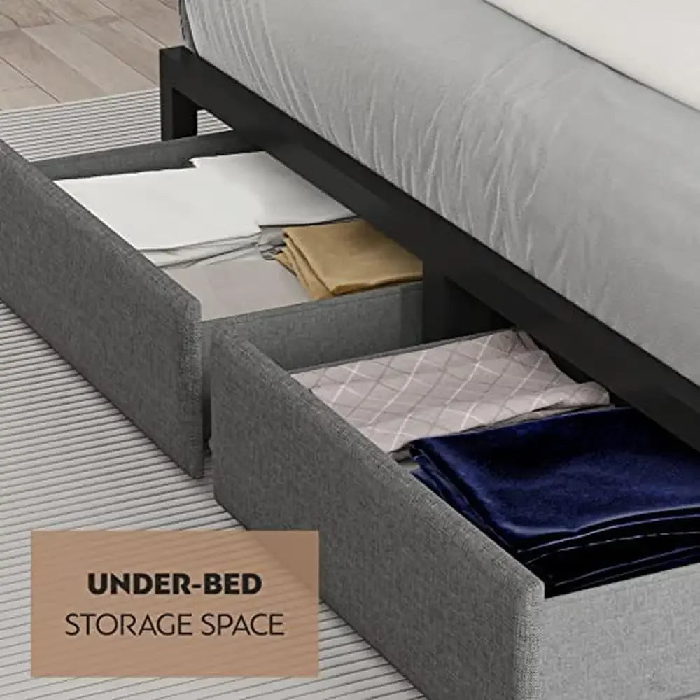 Modern Platform Queen Bed with Drawers, Headboard charging station