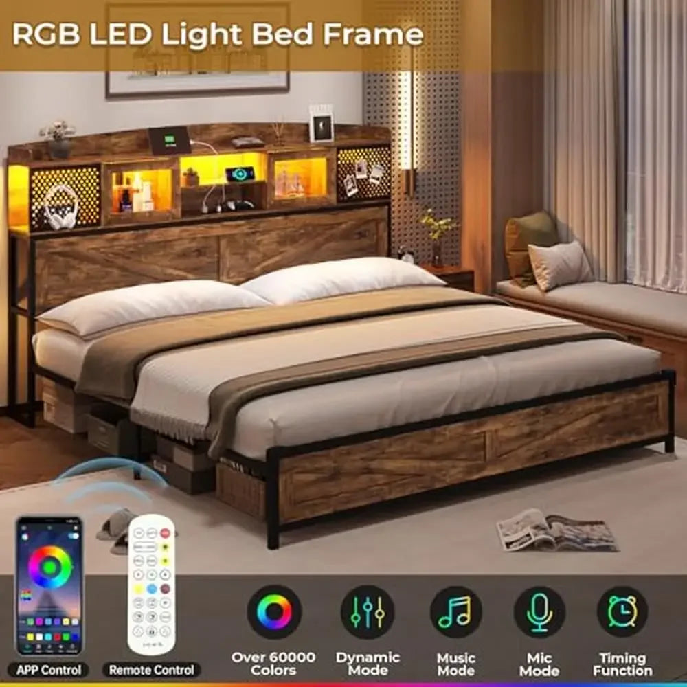 King Size Bed Frame with LED Lights Charging Station  Storage Headboard