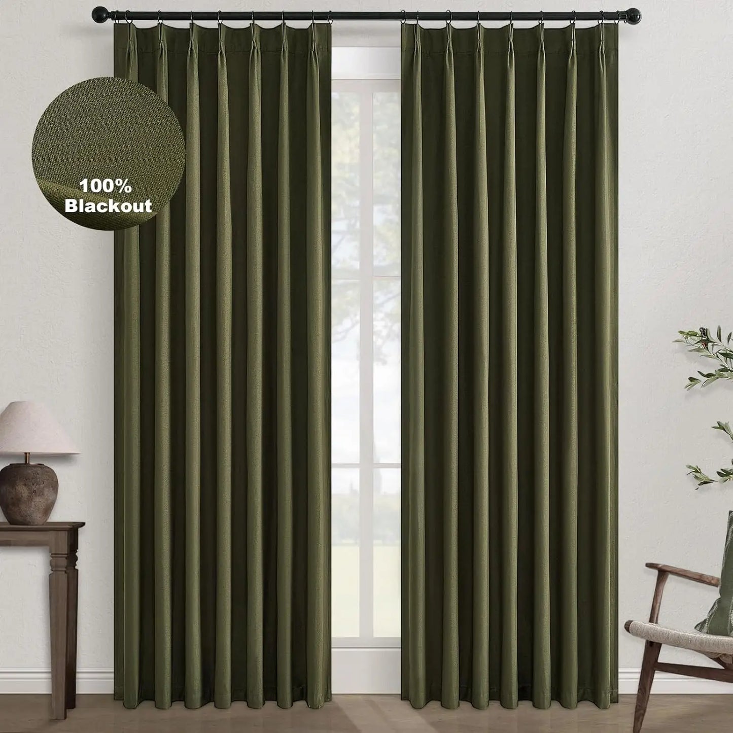 Pleated Curtains 96 Inch Long, 100% Blackout Thermal Insulated