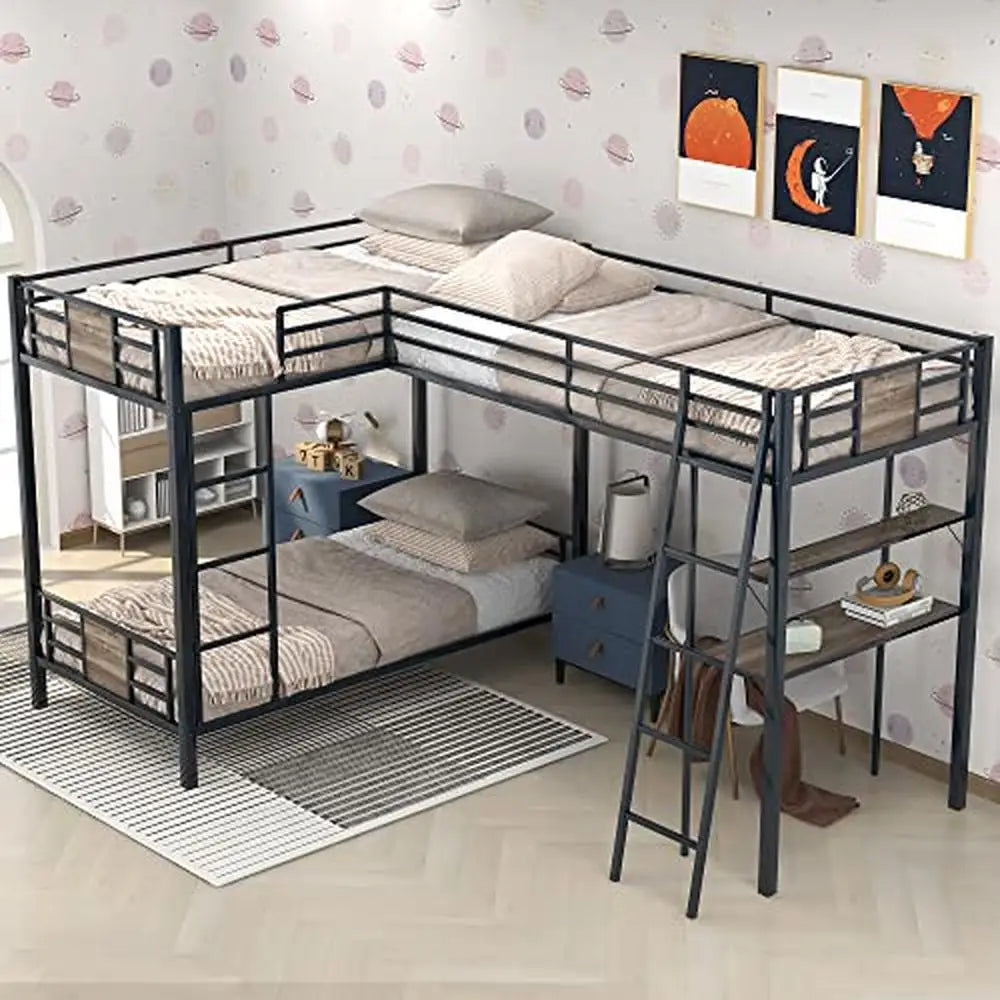 Triple Bunk Bed with Desk, Shelf,  Full-Length