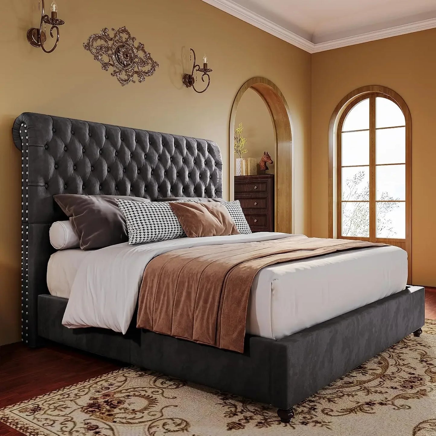 King Bed Frame, Upholstered Platform Bed Frame with 52.8'' Tall Sleigh Headboard, No Box Spring Needed, Bedroom Furniture Bed