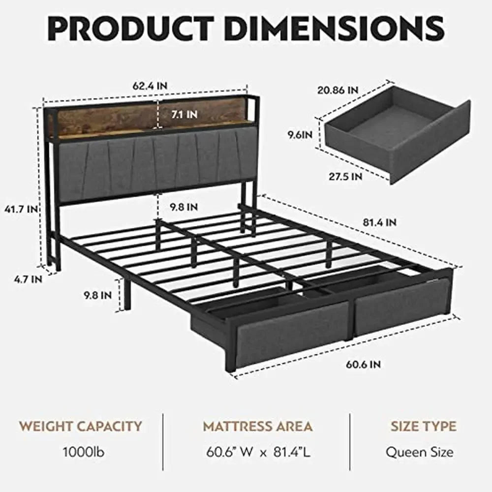 Modern Platform Queen Bed with Drawers, Headboard charging station