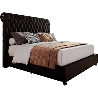 King Bed Frame, Upholstered Platform Bed Frame with 52.8'' Tall Sleigh Headboard, No Box Spring Needed, Bedroom Furniture Bed