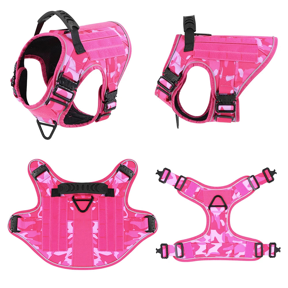 Pink Camouflage Dog Harness with 4 Metal Buckles Reflective Military Tactical Training K9 Harnesses Collar Leash For Large Dogs