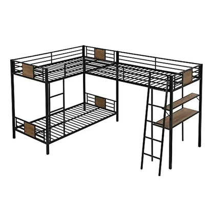 Triple Bunk Bed with Desk, Shelf,  Full-Length