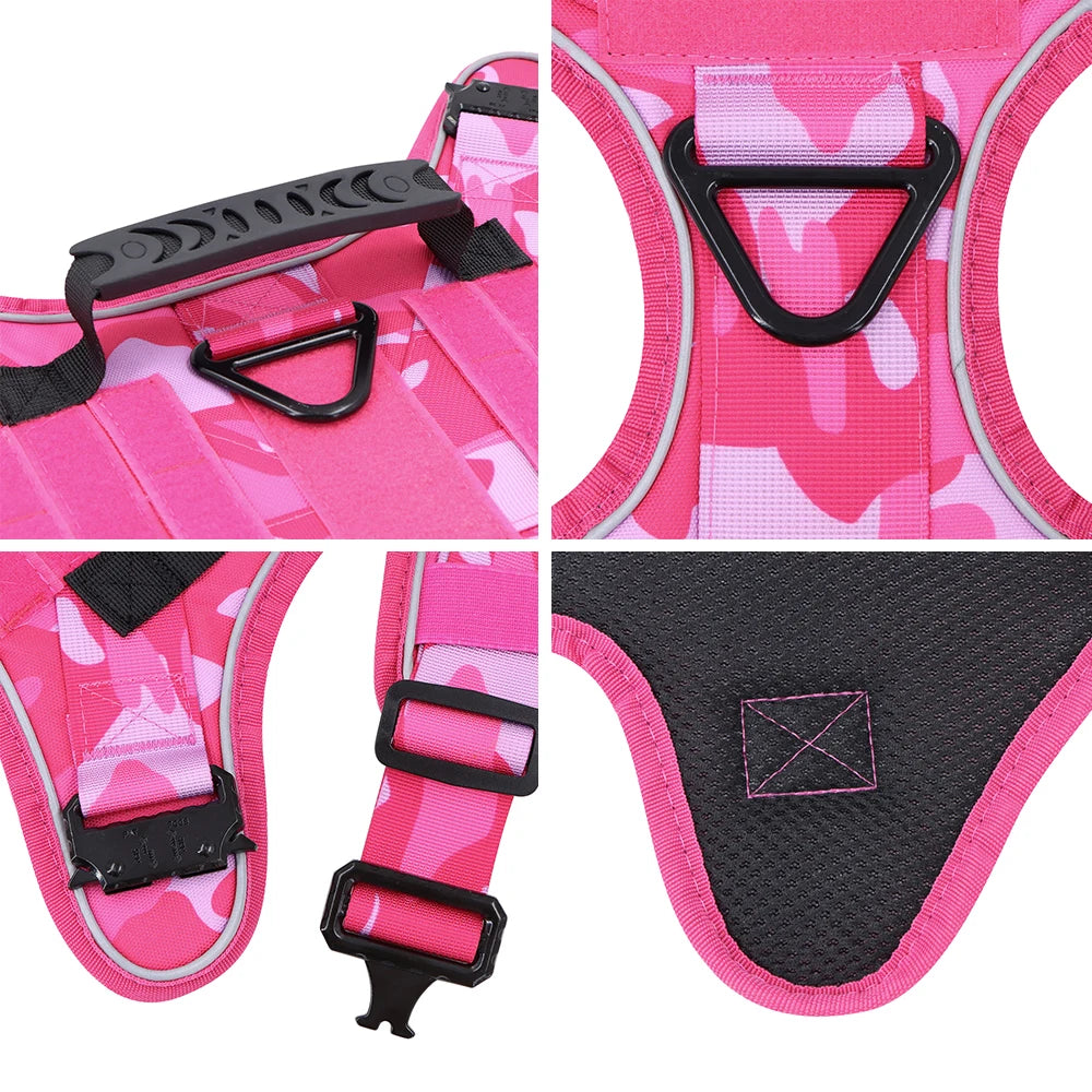 Pink Camouflage Dog Harness with 4 Metal Buckles Reflective Military Tactical Training K9 Harnesses Collar Leash For Large Dogs