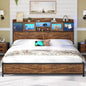 King Size Bed Frame with LED Lights Charging Station  Storage Headboard