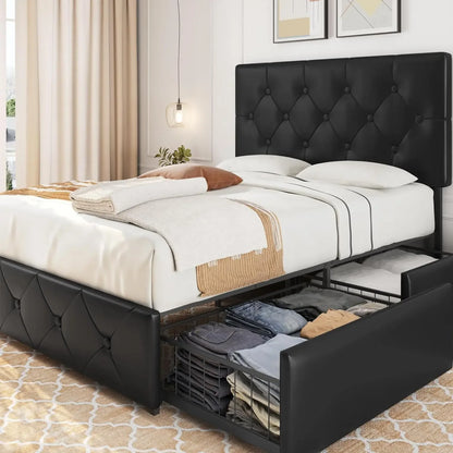 Upholstered Bed Frame, Faux Leather Platform Bed with Mattress Foundation and 4 Drawers and Adjustable Headboard, Bedroom Beds