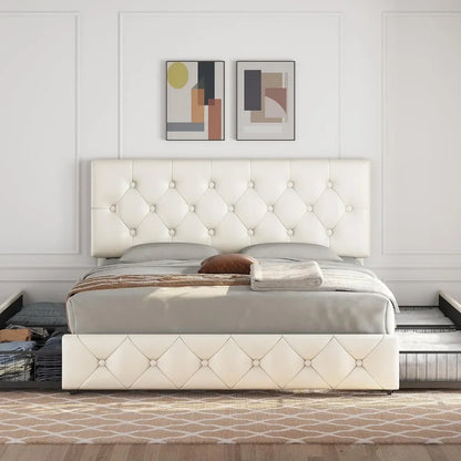 Upholstered Bed Frame, Faux Leather Platform Bed with Mattress Foundation and 4 Drawers and Adjustable Headboard, Bedroom Beds