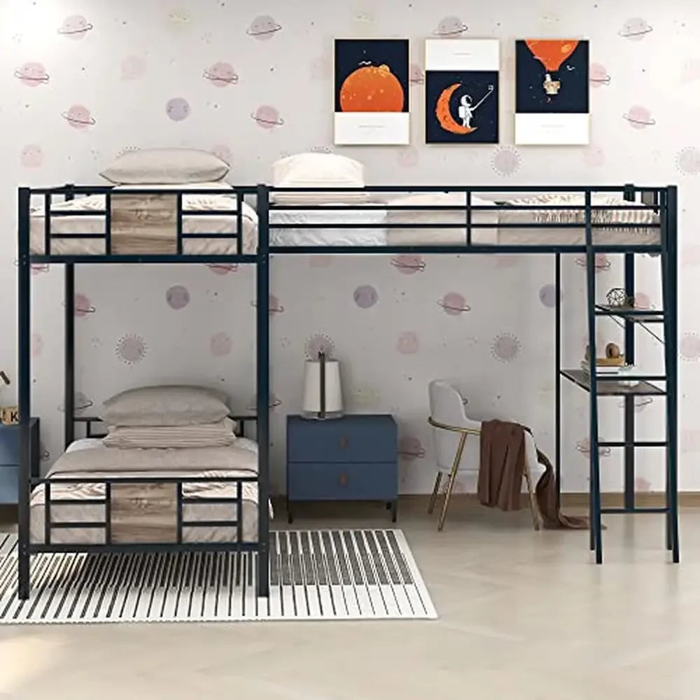 Triple Bunk Bed with Desk, Shelf,  Full-Length