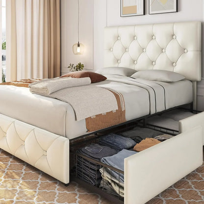 Upholstered Bed Frame, Faux Leather Platform Bed with Mattress Foundation and 4 Drawers and Adjustable Headboard, Bedroom Beds