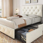 Upholstered Bed Frame, Faux Leather Platform Bed with Mattress Foundation and 4 Drawers and Adjustable Headboard, Bedroom Beds