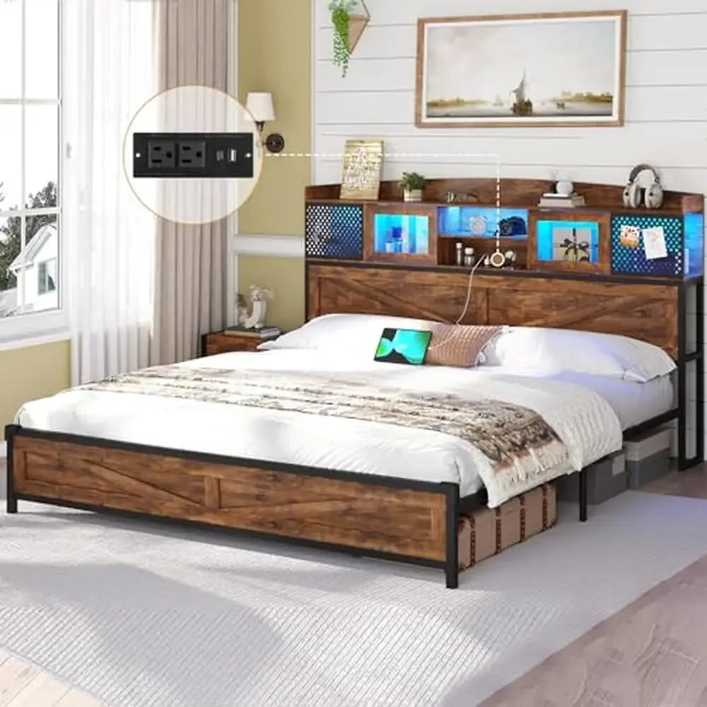 King Size Bed Frame with LED Lights Charging Station  Storage Headboard