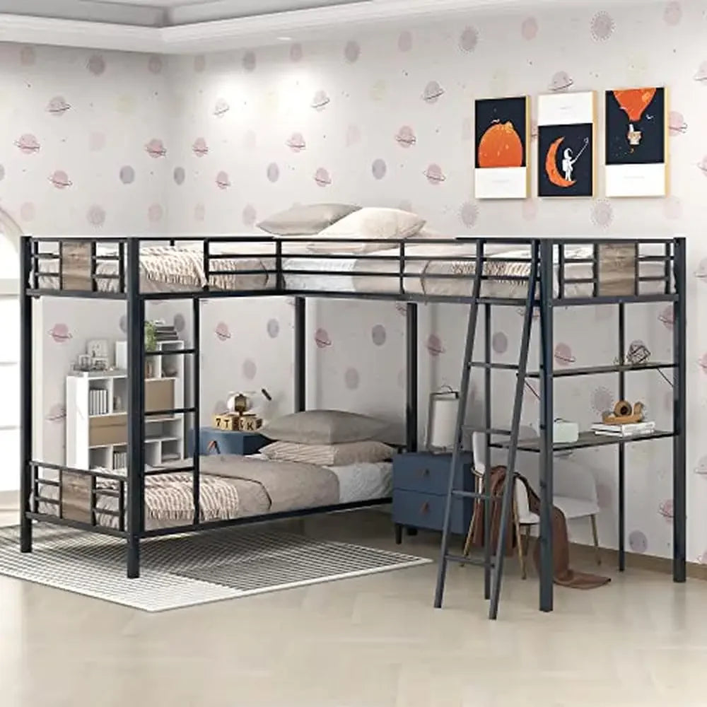 Triple Bunk Bed with Desk, Shelf,  Full-Length