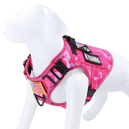 Pink Camouflage Dog Harness with 4 Metal Buckles Reflective Military Tactical Training K9 Harnesses Collar Leash For Large Dogs