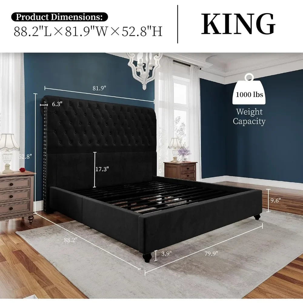 King Bed Frame, Upholstered Platform Bed Frame with 52.8'' Tall Sleigh Headboard, No Box Spring Needed, Bedroom Furniture Bed