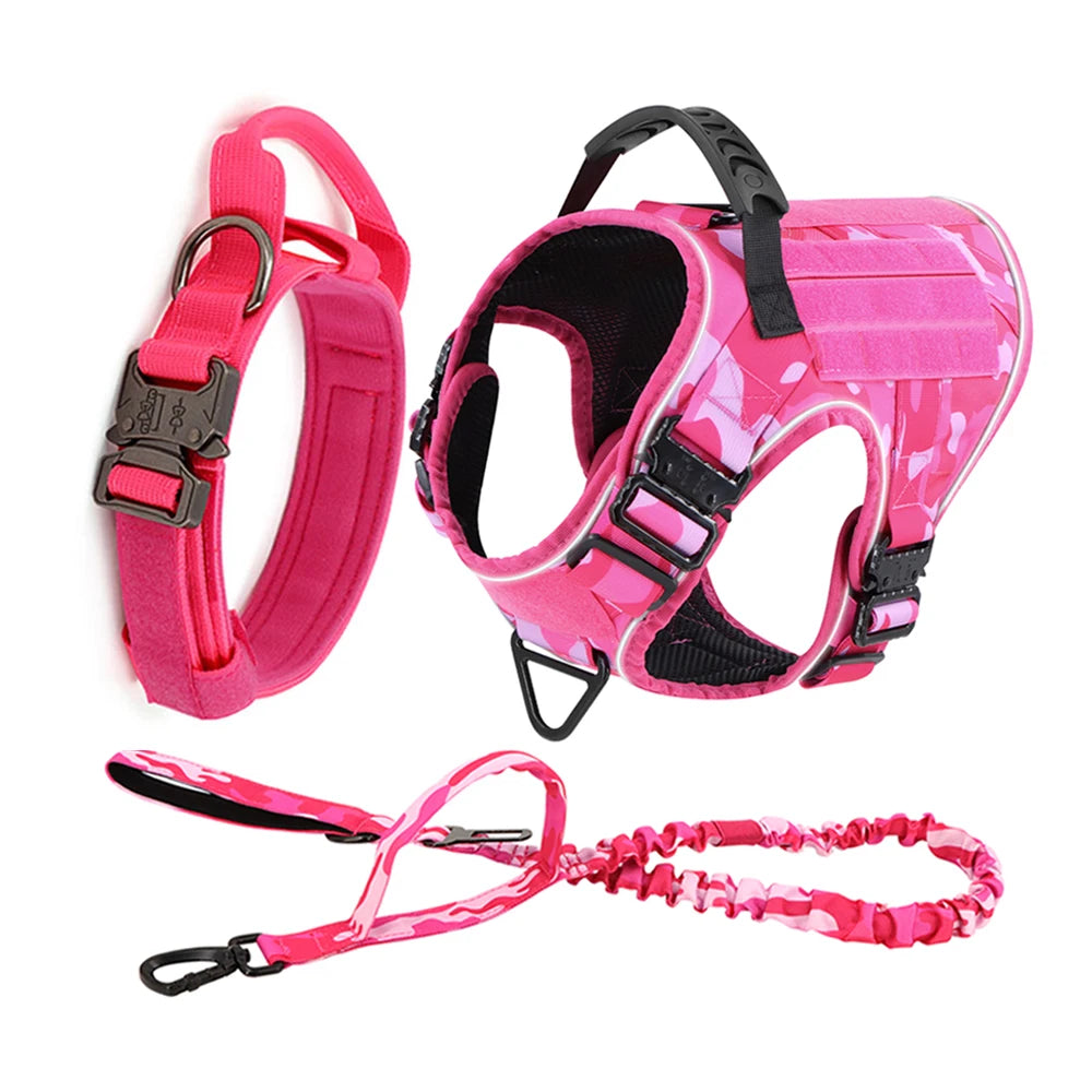 Pink Camouflage Dog Harness with 4 Metal Buckles Reflective Military Tactical Training K9 Harnesses Collar Leash For Large Dogs