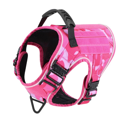 Pink Camouflage Dog Harness with 4 Metal Buckles Reflective Military Tactical Training K9 Harnesses Collar Leash For Large Dogs