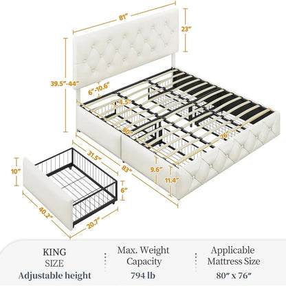 Upholstered Bed Frame, Faux Leather Platform Bed with Mattress Foundation and 4 Drawers and Adjustable Headboard, Bedroom Beds