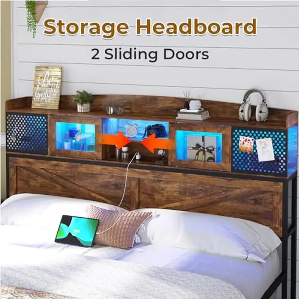 King Size Bed Frame with LED Lights Charging Station  Storage Headboard