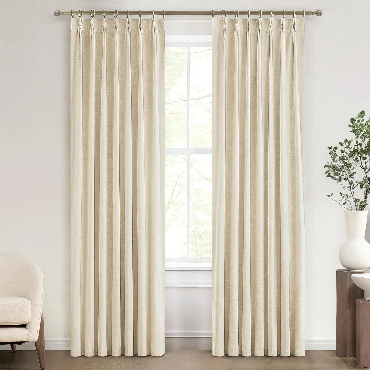 Natural Linen Pleated Blackout Curtains & Drapes 96 Inch