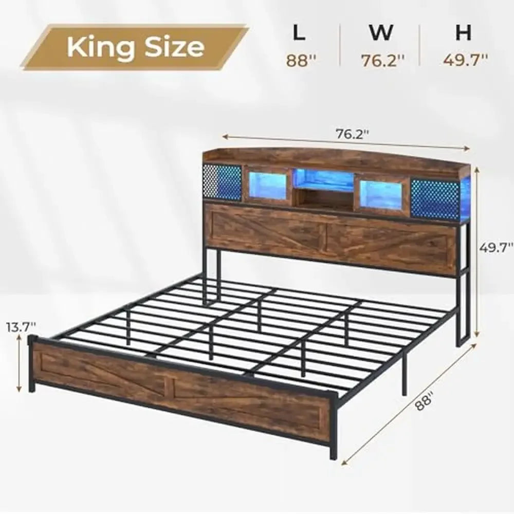 King Size Bed Frame with LED Lights Charging Station  Storage Headboard