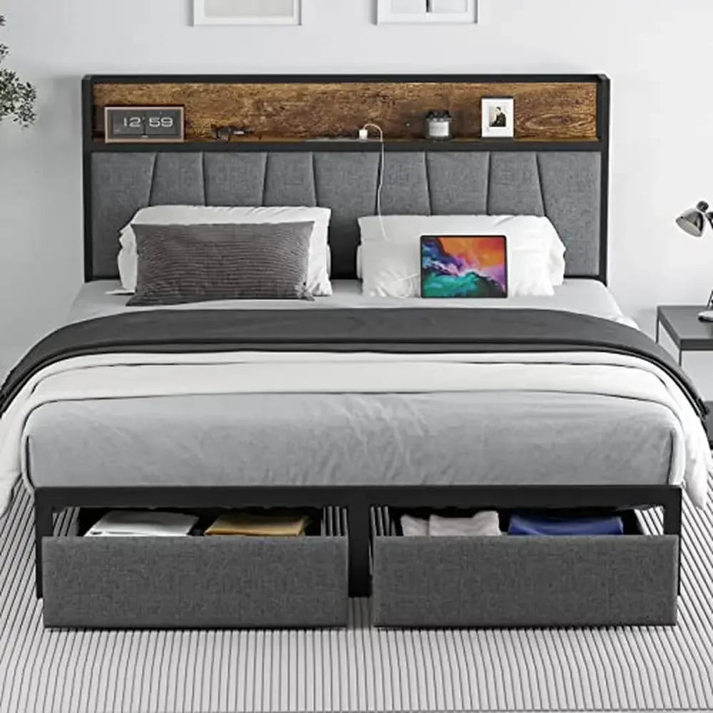 Modern Platform Queen Bed with Drawers, Headboard charging station